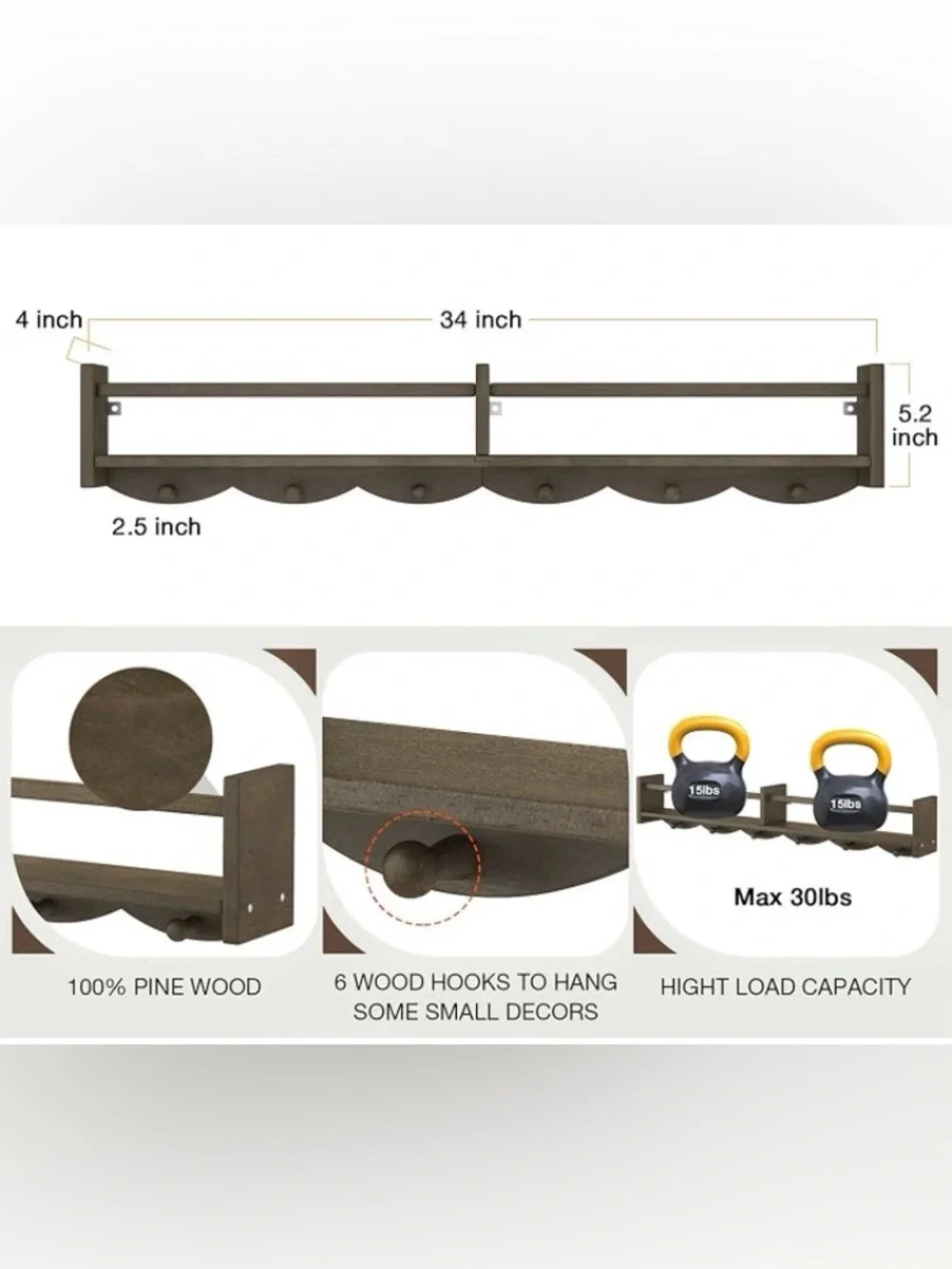 34Inch Nursery Bookshelves,Set of 4,Wall Floating Shelf , DARK BROWN, SEALED